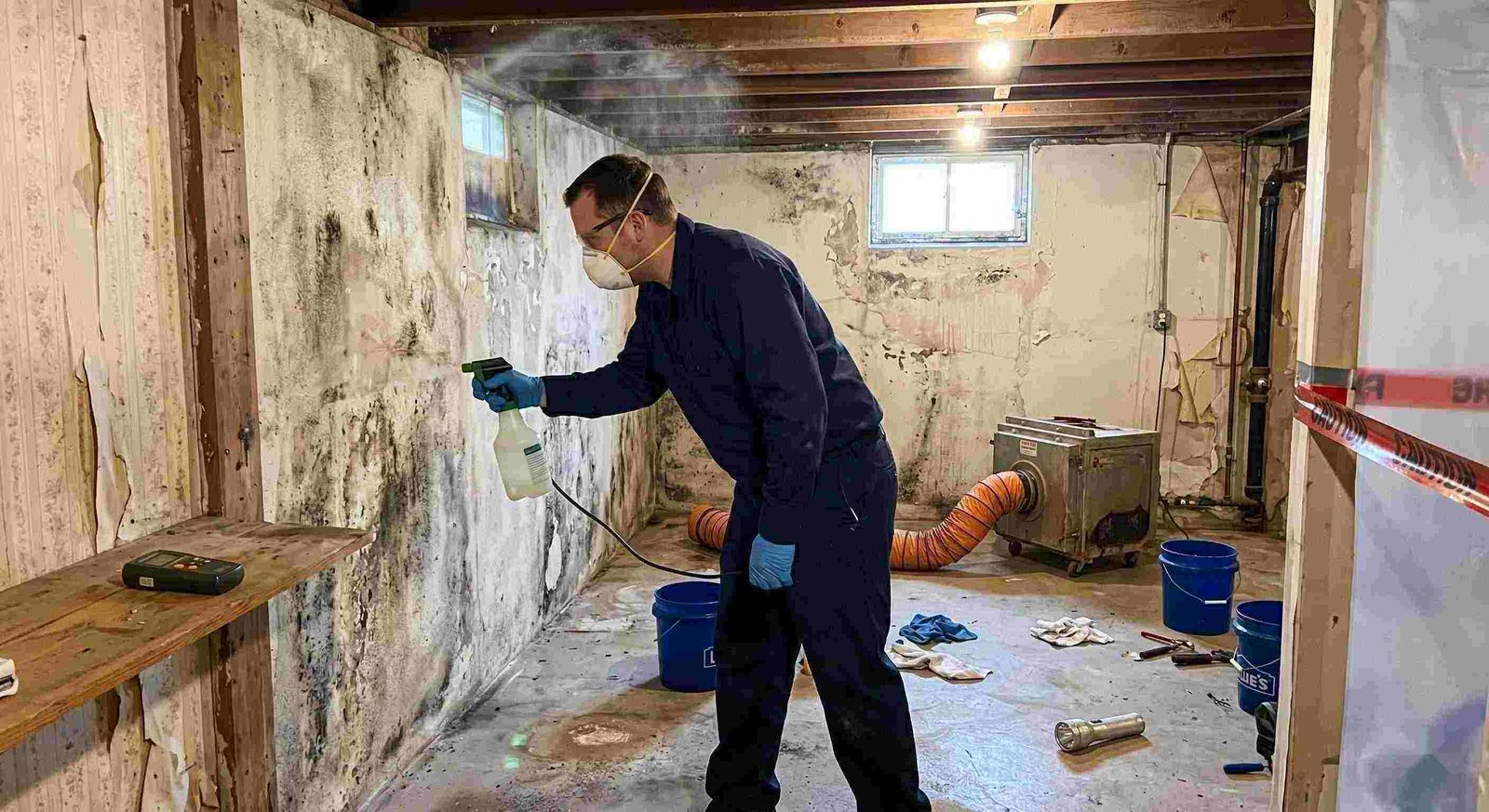 Professional technician performing antimicrobial mold treatment in a damp basement during mold remediation in a home in Charleston.