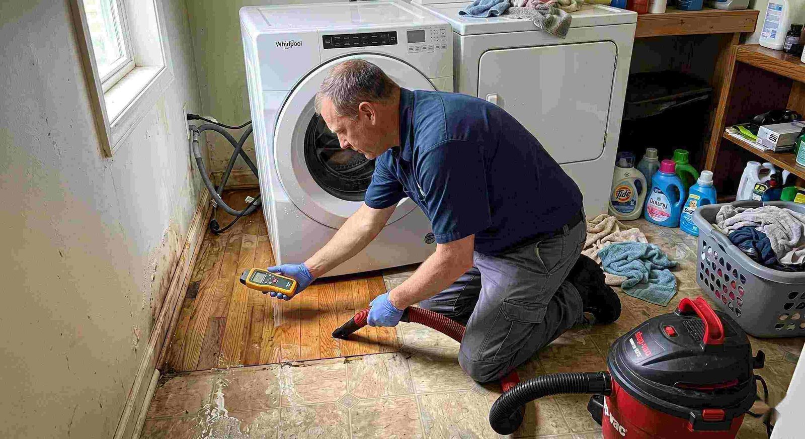 Appliance leak cleanup in a home laundry area with water pooling around the washing machine, showing technicians removing water and inspecting damp floors in Charleston.