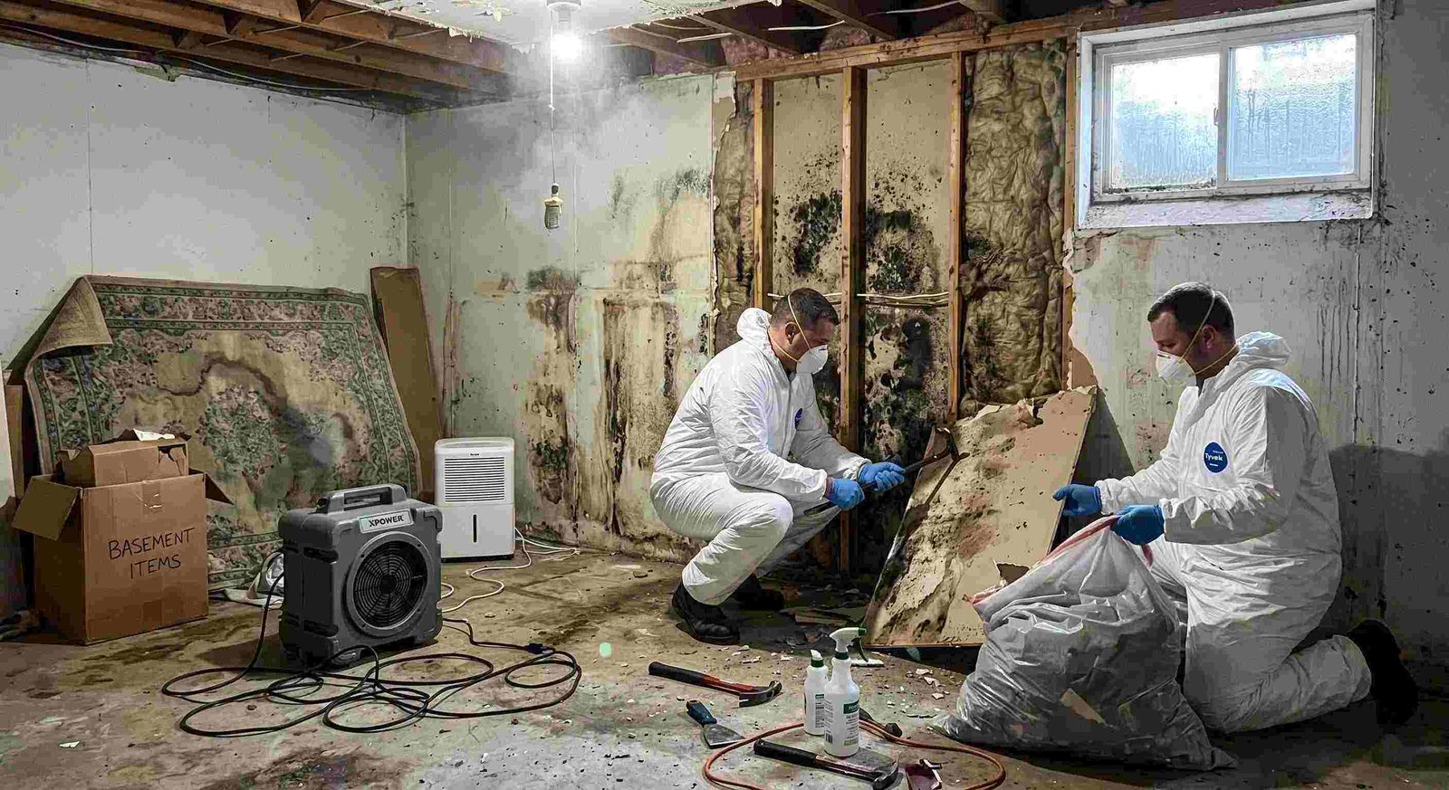 Realistic basement mold removal in a home in Charleston, showing technicians safely removing black mold and using dehumidifiers and HEPA air scrubbers.