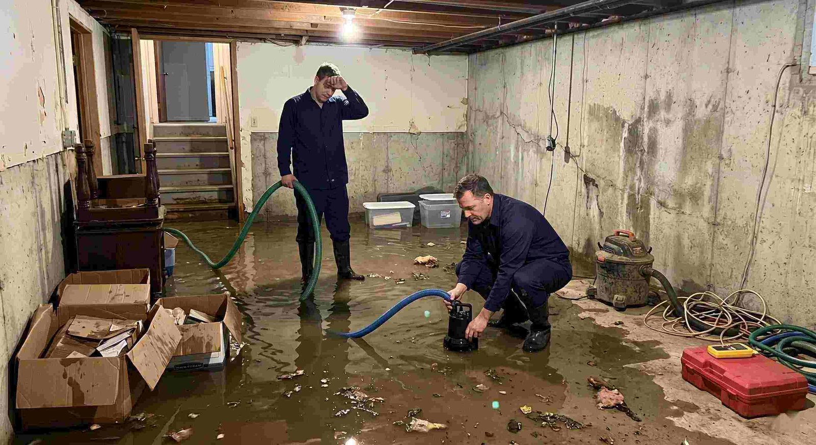 basement water removal service in Charleston with technicians pumping out flooded basement