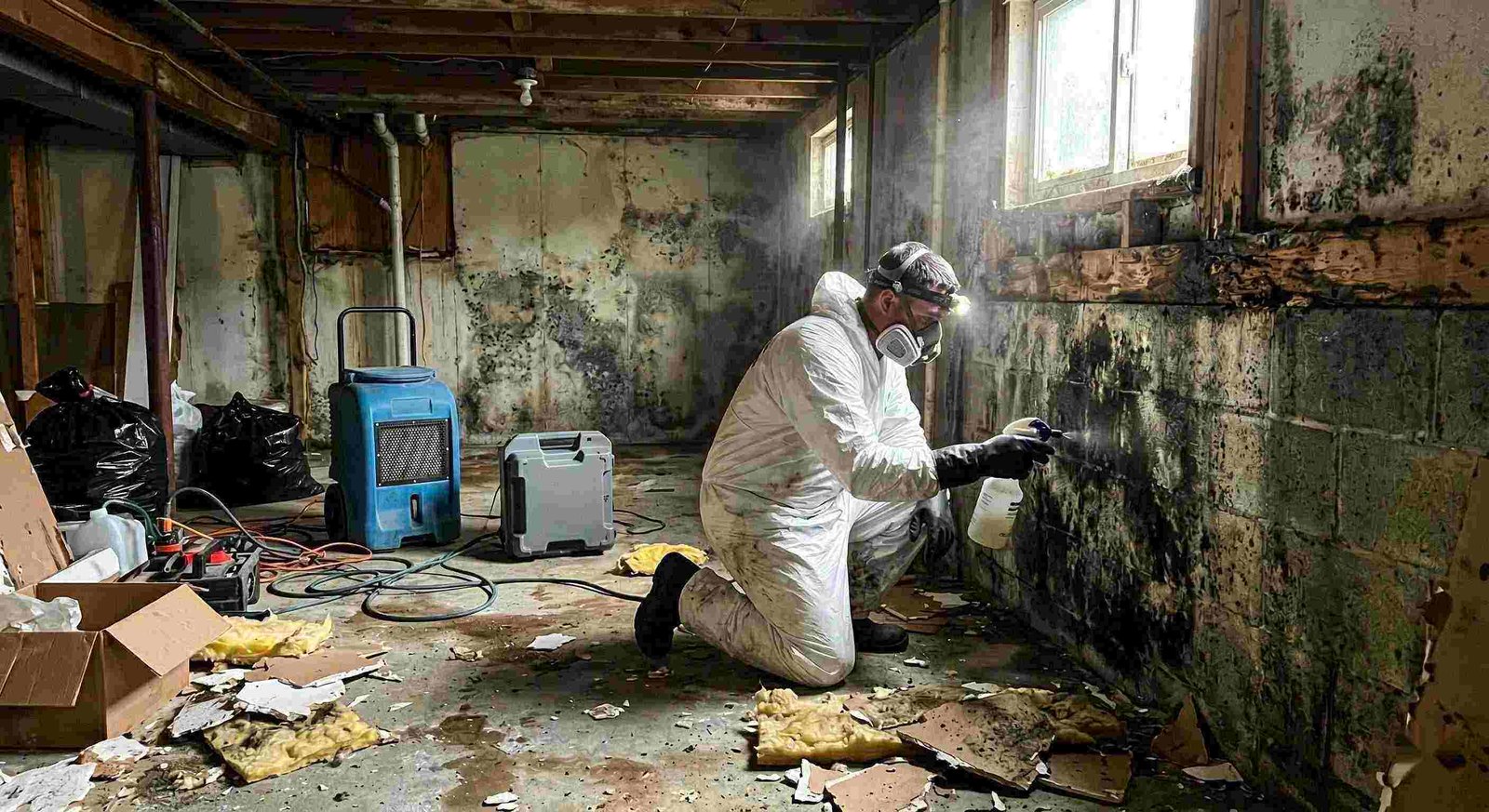 Technician performing black mold cleanup in a damp residential basement in Charleston, showing removed drywall, mold patches, and remediation equipment.