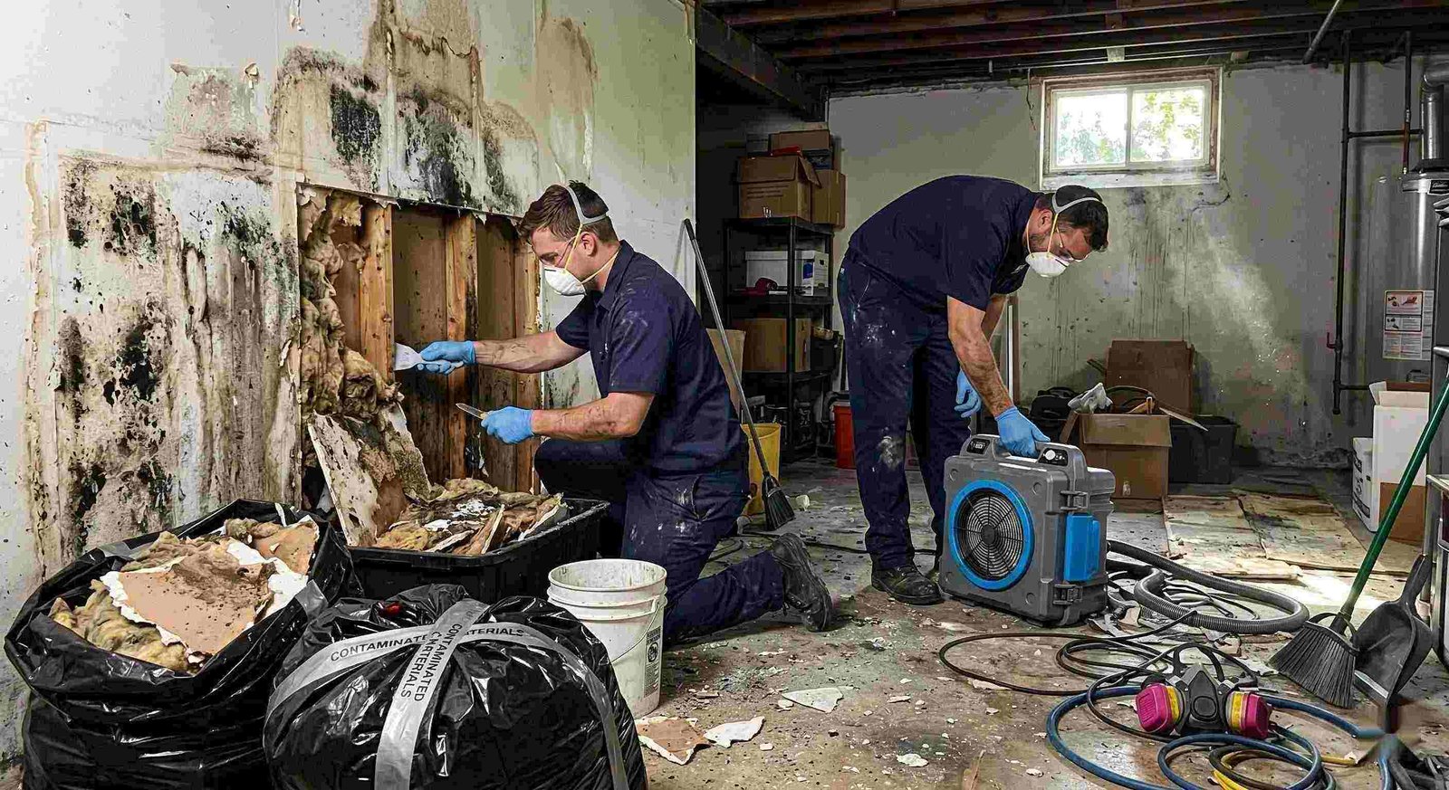 Technicians performing black mold cleanup in a damp residential basement in Charleston, carefully removing contaminated drywall and insulation.