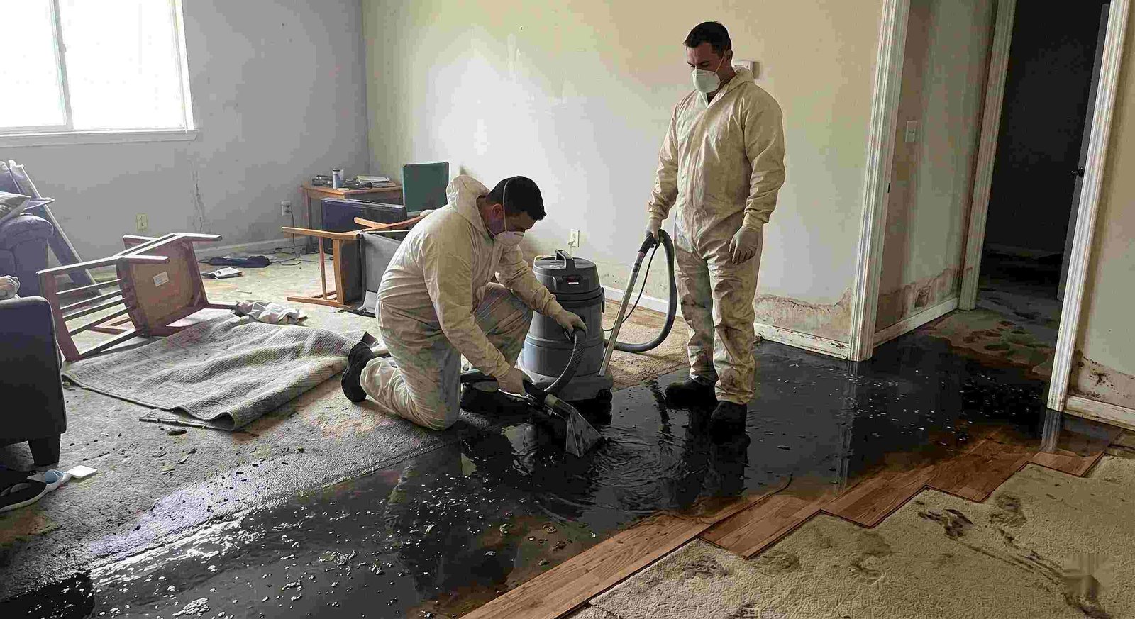 Black water removal service in Charleston showing technicians extracting contaminated sewage water from flooded home interior