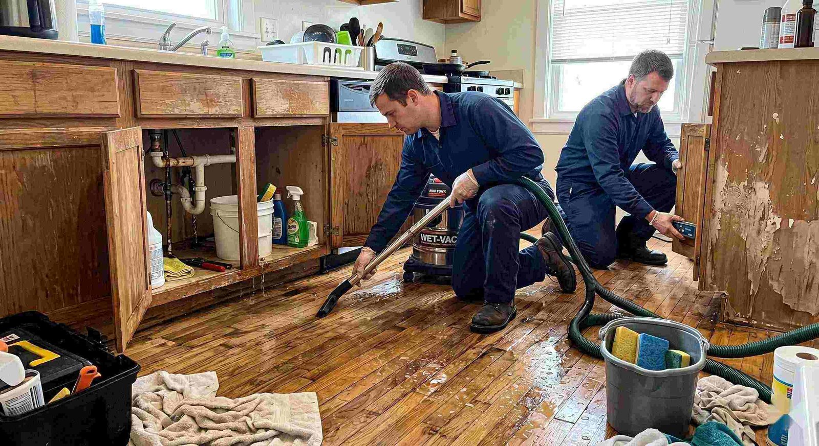 Realistic photo of technicians performing burst pipe water damage cleanup in a home in Charleston, removing standing water and inspecting wet floors and walls.