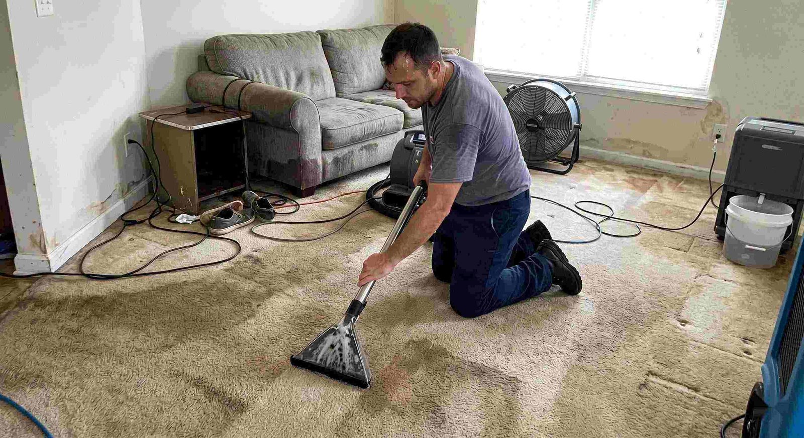 Technician performing carpet water extraction in a residential home using professional equipment after water damage in Charleston