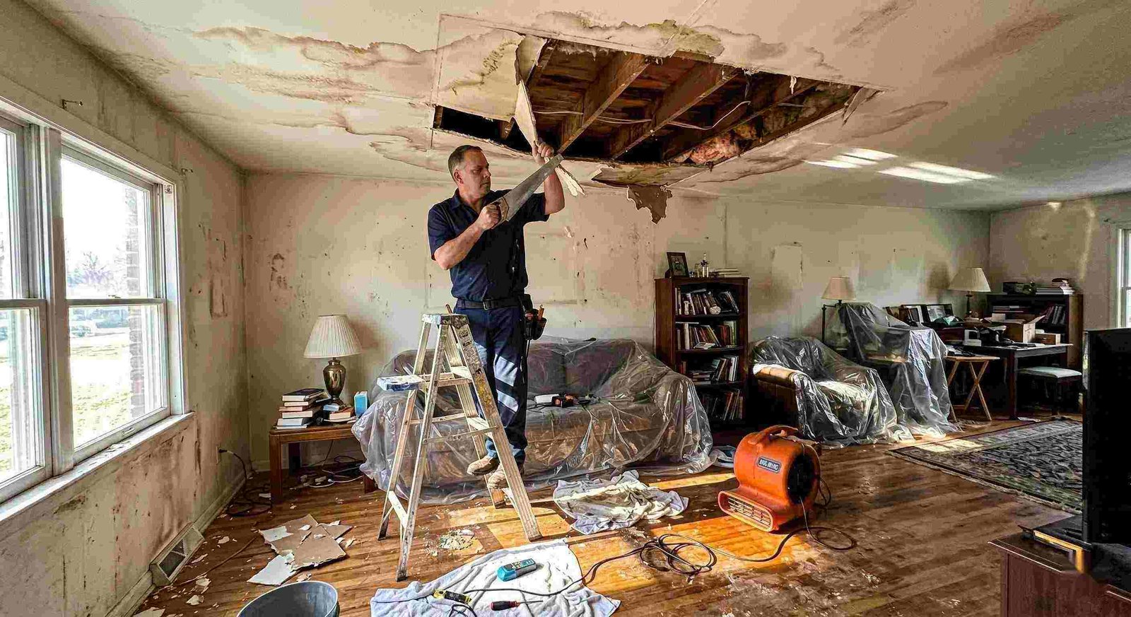 Realistic indoor scene of technicians performing ceiling leak repair in a home in Charleston, showing water-damaged ceiling, tools, and drying equipment.