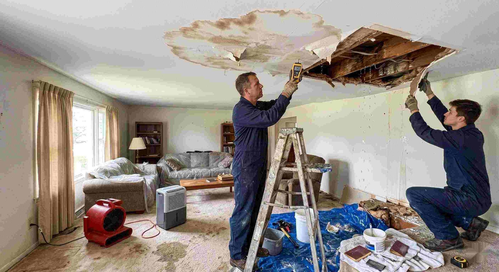 Realistic residential ceiling leak repair scene with technicians using moisture meters and air movers to fix water damage in a home in Charleston.