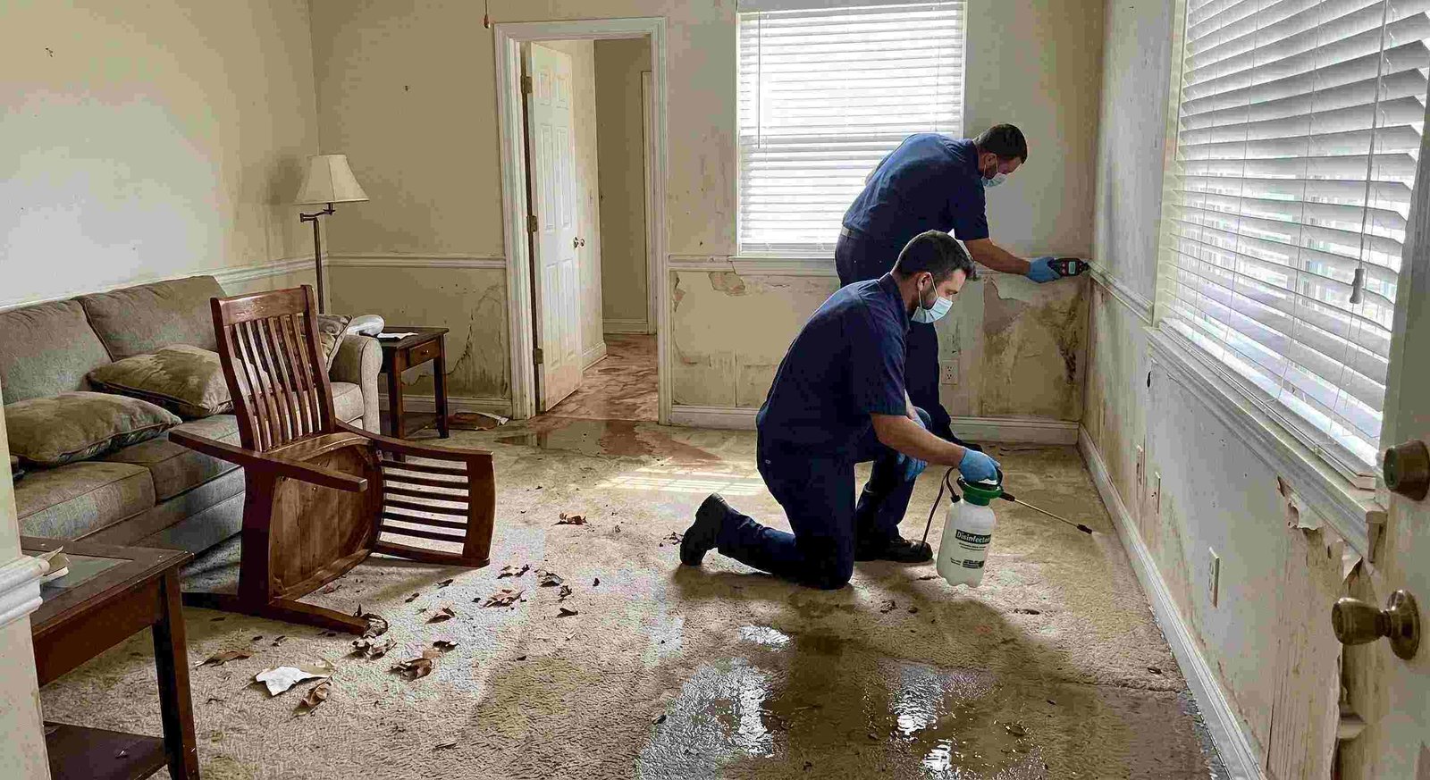 Technicians performing flood disinfection after water damage inside a home in Charleston, ensuring wet floors, damp walls, and household items are sanitized safely.