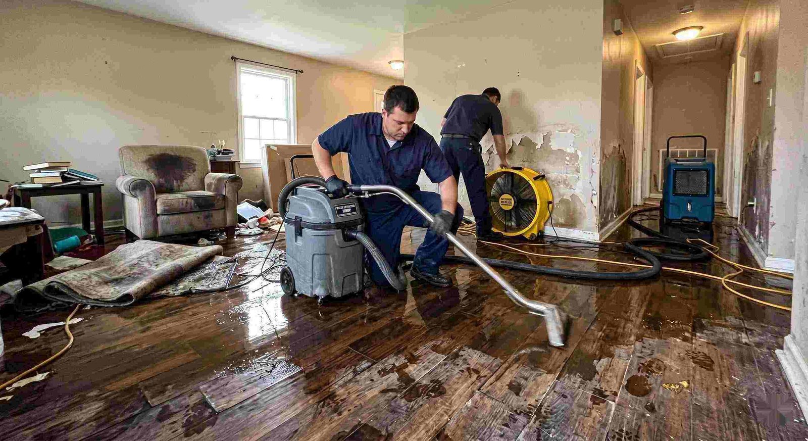 Best emergency water damage restoration technicians removing water from flooded home in Georgetown
