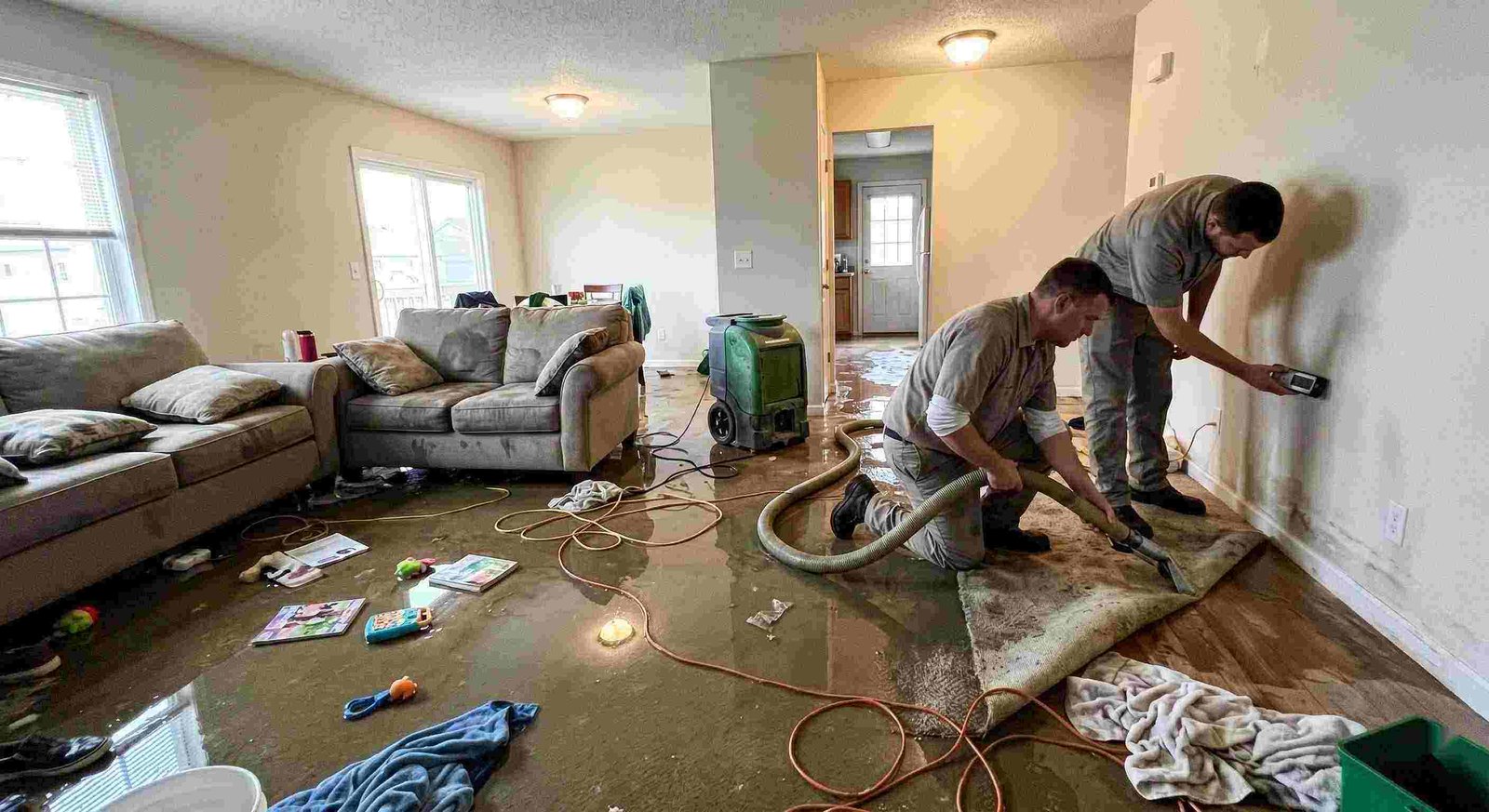 Emergency water removal technicians extracting water from flooded living room in Charleston