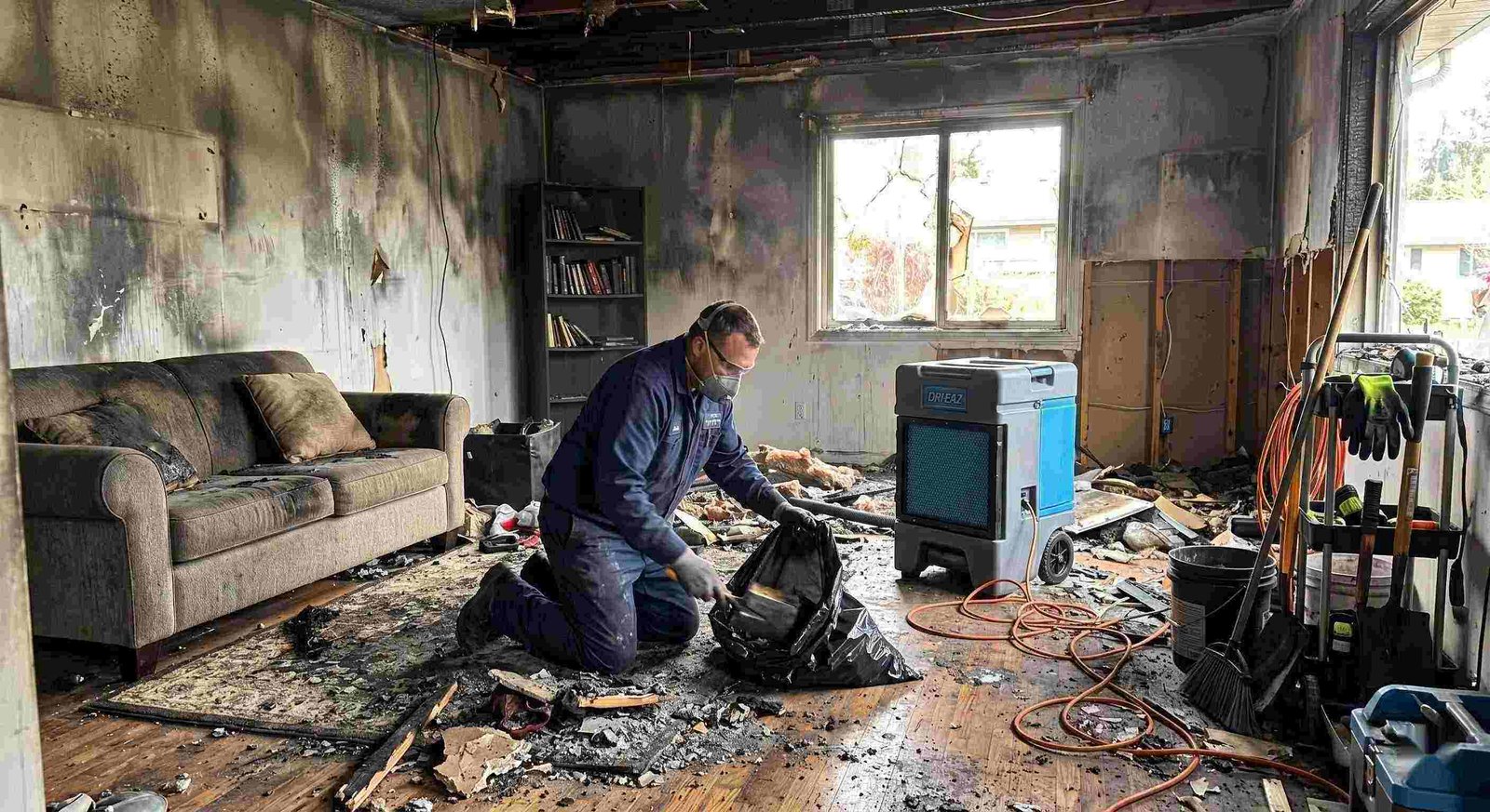Fire damage cleanup scene with technician removing debris from a home affected by fire in Charleston