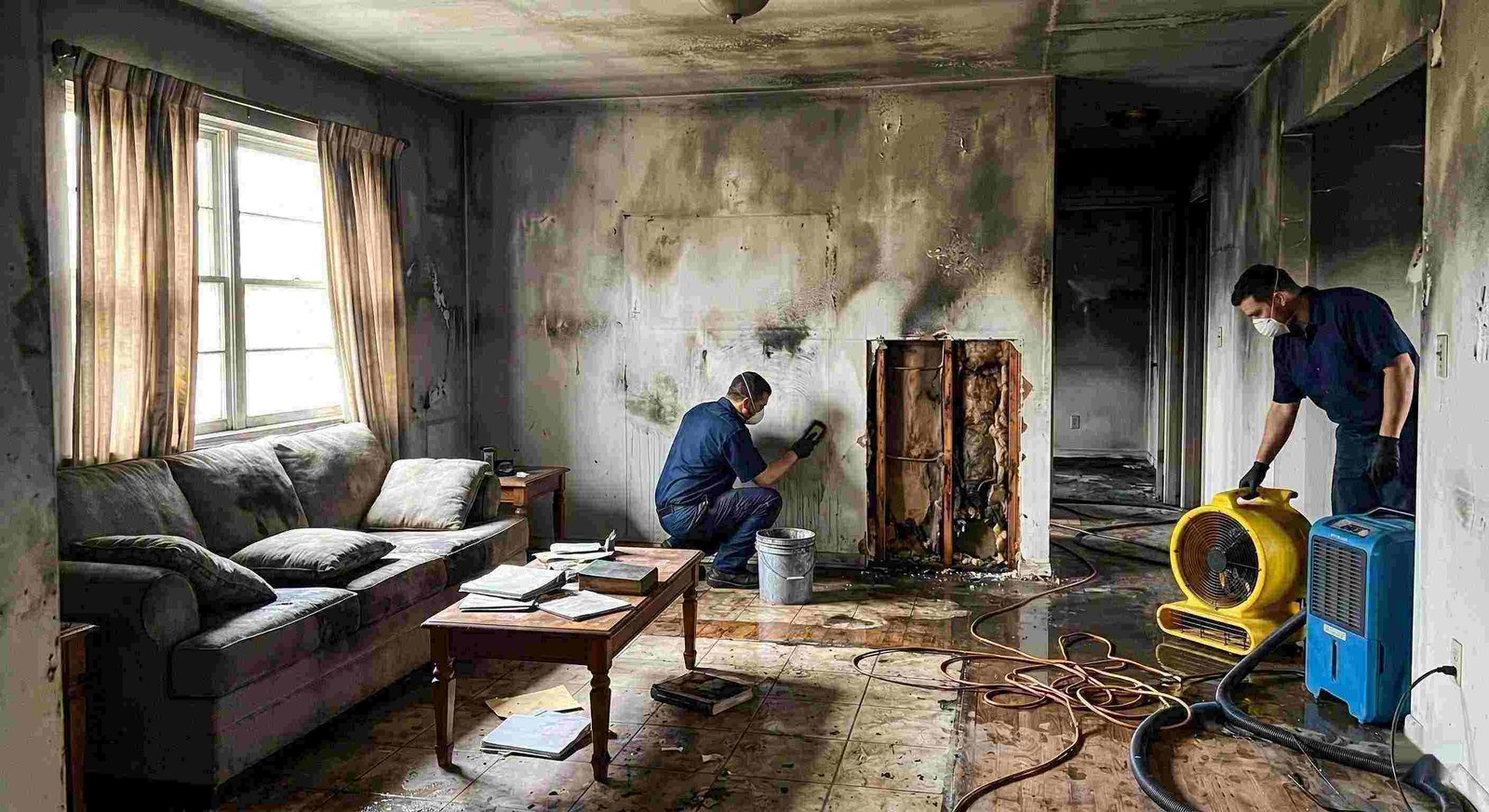 Best fire damage restoration cleanup with technicians removing soot and drying water damage in home Georgetown