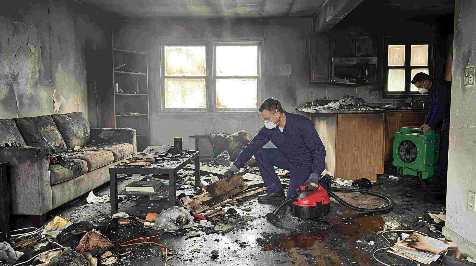Realistic image showing extensive fire damage in a home with soot, debris, and smoke residue, captured during fire damage restoration in Charleston.