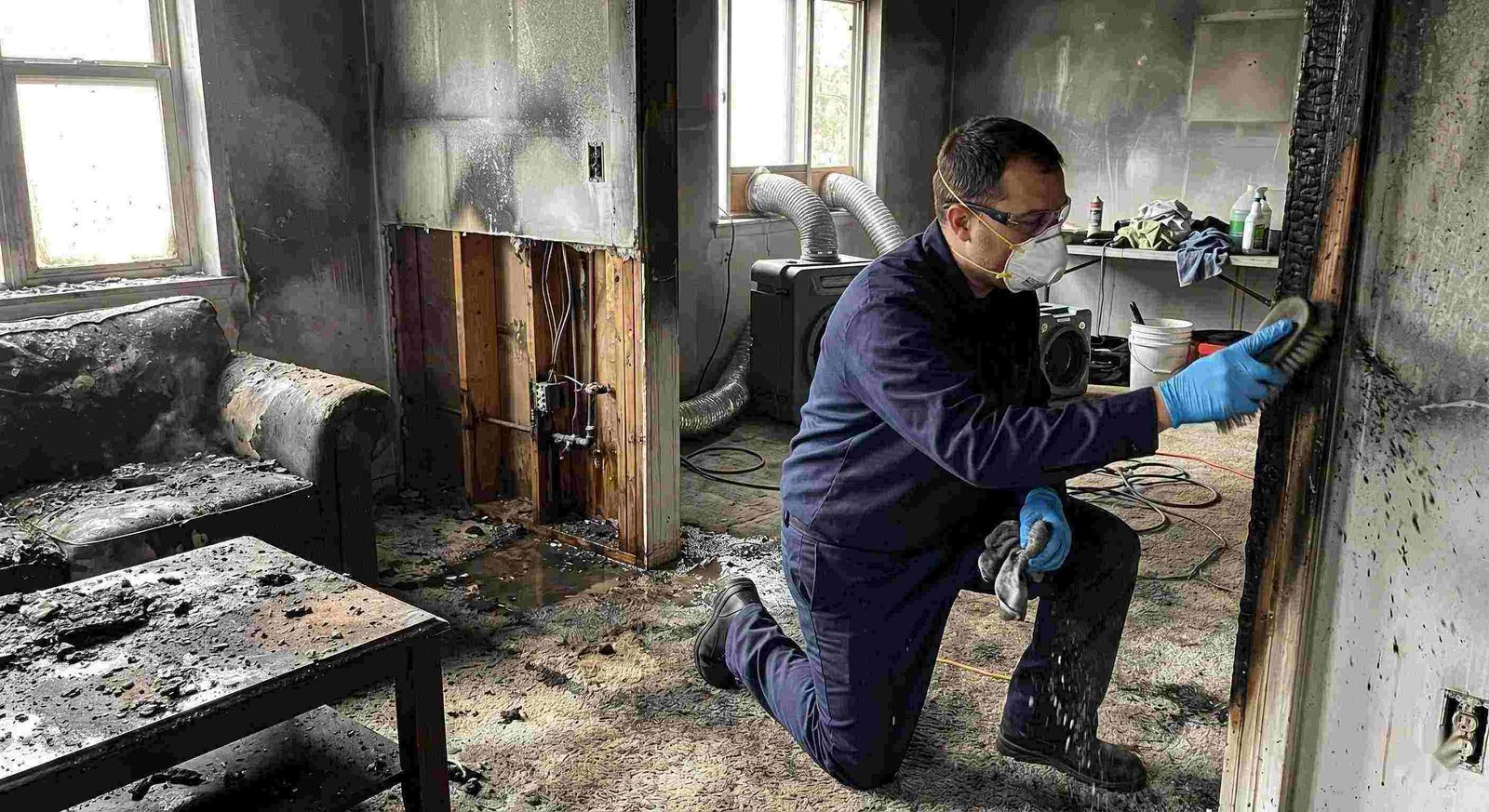 Action shot of a fire damage restoration technician cleaning soot and debris in a home damaged by fire in Charleston