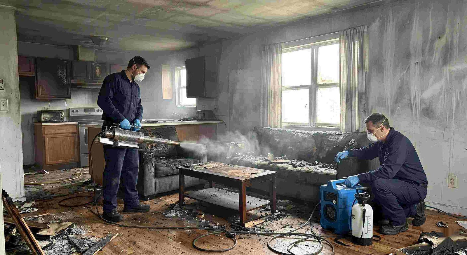 Fire odor removal service in a home showing technicians using thermal fogging equipment to eliminate smoke and soot odors in Charleston.
