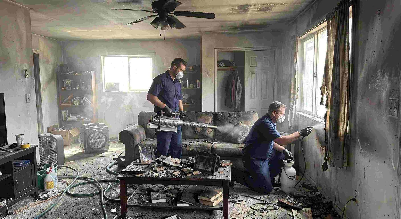 Fire damage restoration technicians removing smoke odors from a soot-stained home in Charleston, using thermal fogging and odor neutralization.