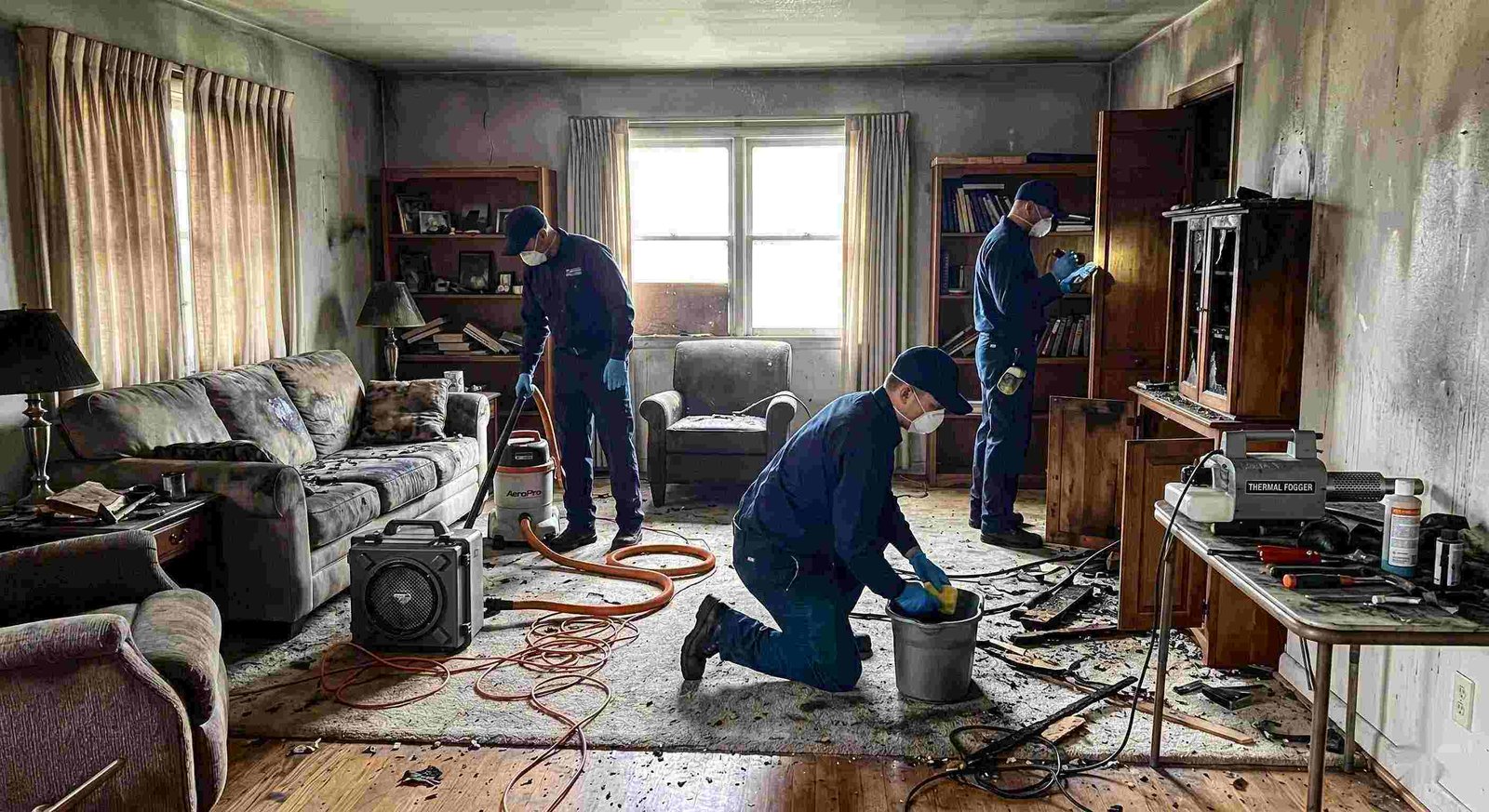 Photo of a fire restoration team using professional equipment to clean soot and smoke damage in a Charleston home, emphasizing trust and hands-on expertise.