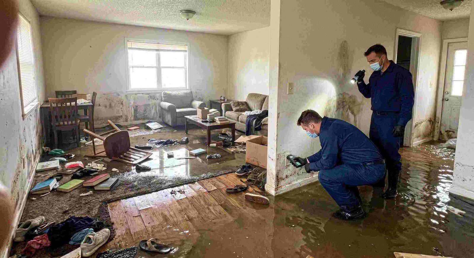 Severe home flooding with waterlogged floors, damaged furniture, and generic technician assessing the damage in Charleston
