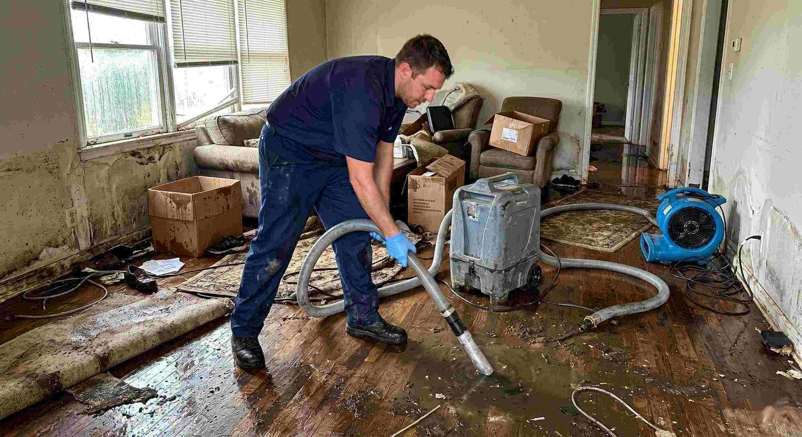 Action shot of a flood damage restoration technician removing standing water in a flooded home during the restoration process in Charleston.