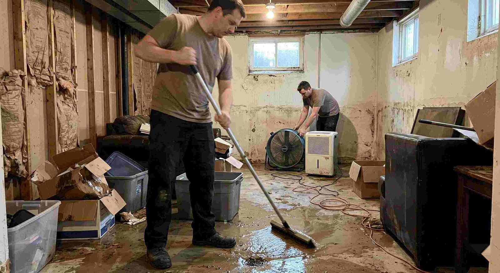 Local flood and storm damage cleanup in a residential basement with standing water removal and drying equipment in Georgetown