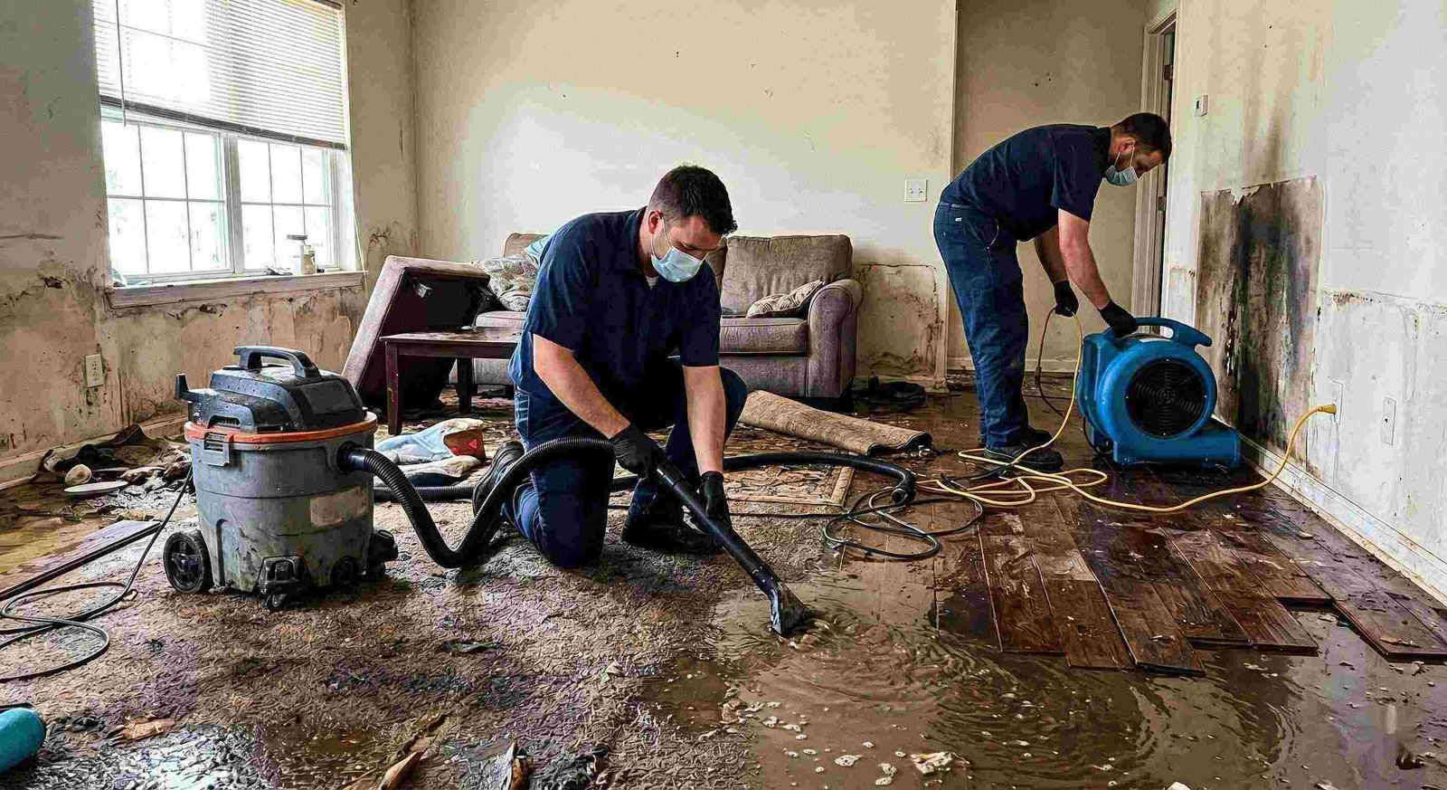 Flood water removal service in a residential home showing technicians extracting standing water and setting up drying equipment in Charleston
