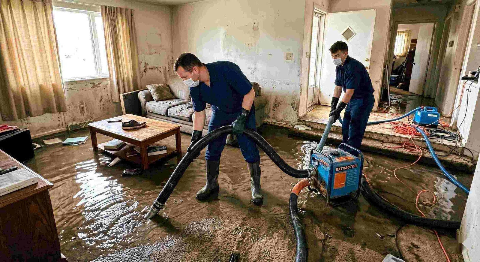 Realistic flood water removal inside a home with technicians using pumps and hoses to extract standing water during flood damage restoration in Charleston.