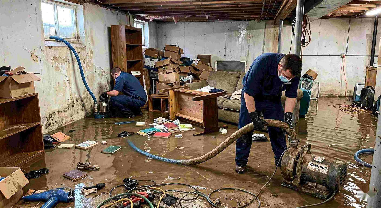 Realistic photo of a flooded basement cleanup with restoration technicians removing standing water in a home in Charleston