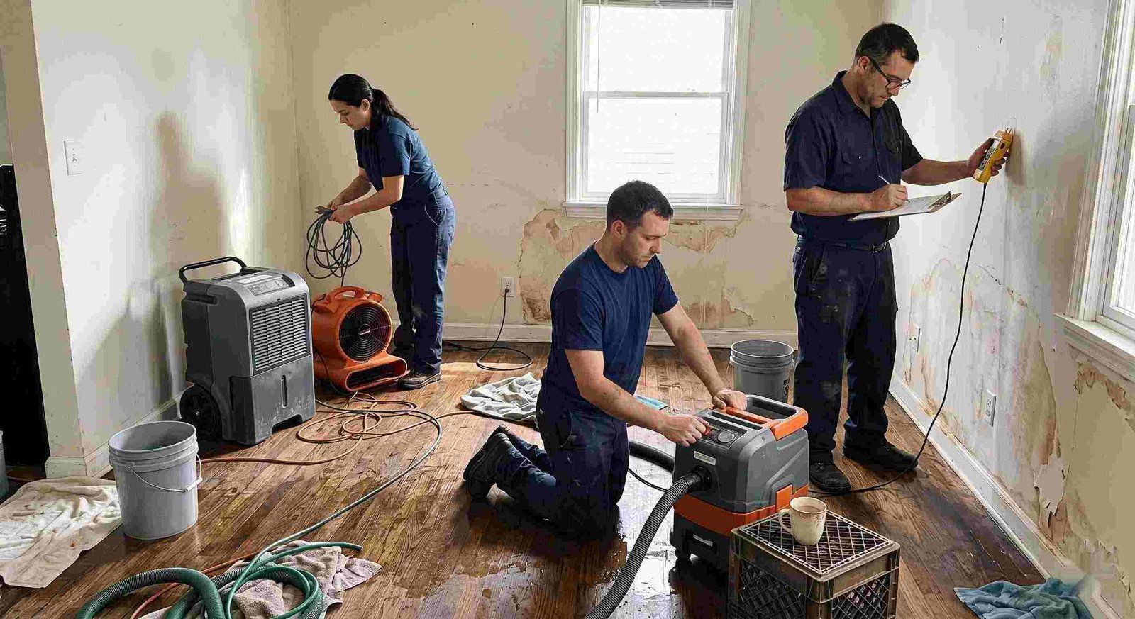 Local leak damage restoration team working with professional equipment to repair water-damaged home in Charleston.