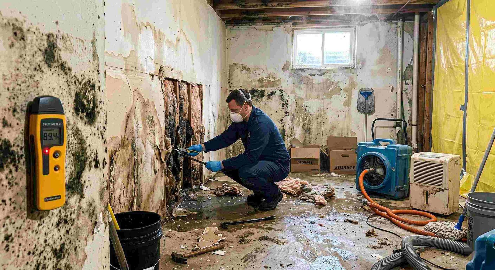 Professional mold after water damage cleanup in a residential home, showing a technician removing water-damaged drywall and treating mold in a damp basement in Charleston.