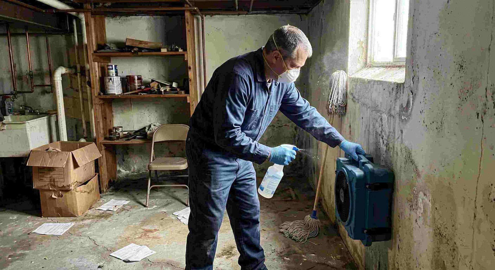Technician performing mold odor removal in a basement, using HEPA air scrubber and antimicrobial spray, preventing mold growth in a Charleston home.