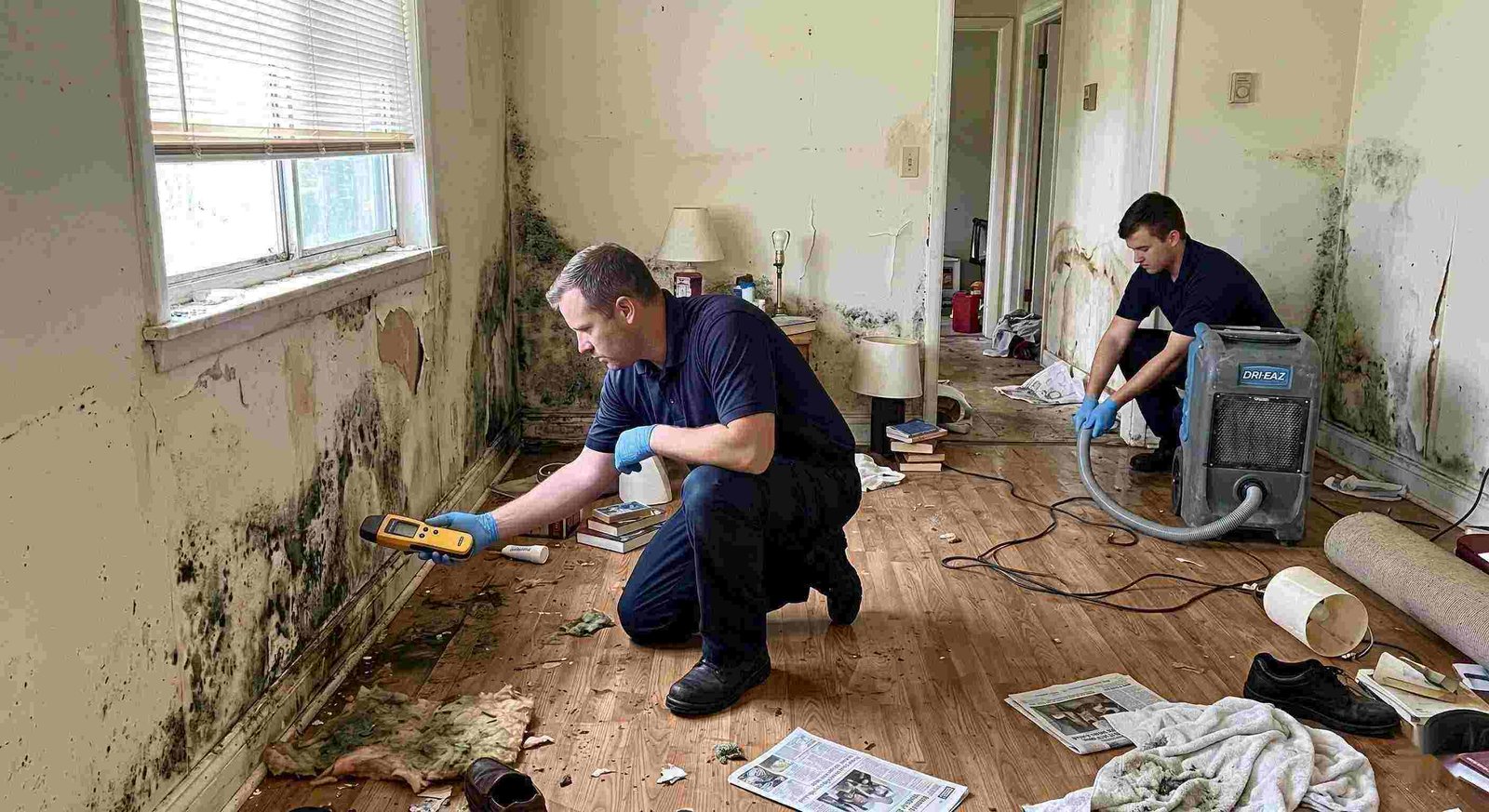 Realistic photo showing mold damage and water-affected walls in a home during mold remediation in Charleston, with technicians inspecting and controlling moisture.