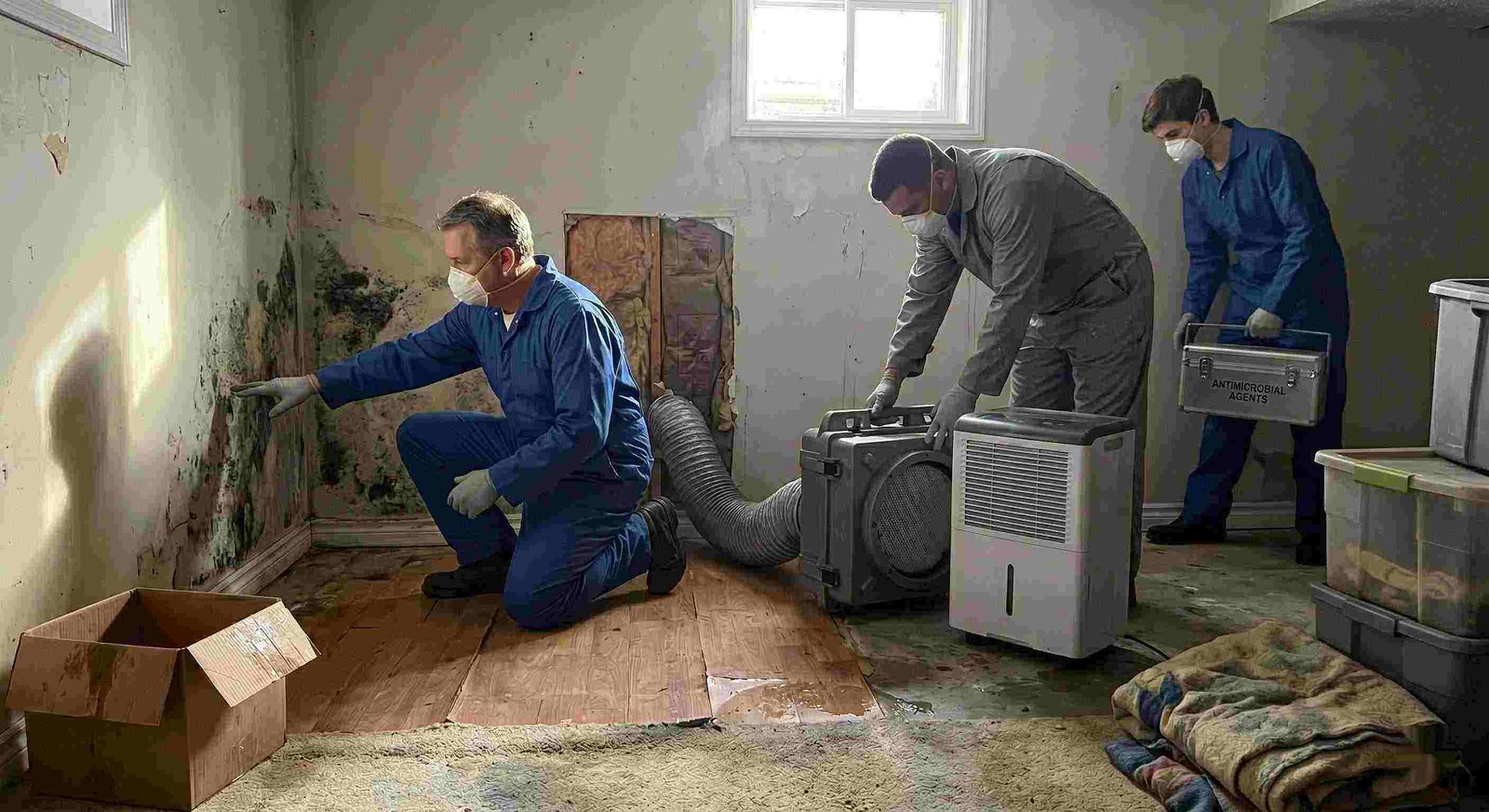 Residential mold remediation team performing inspection and cleanup with dehumidifiers and HEPA filters, showing professional team and equipment in a Charleston home.