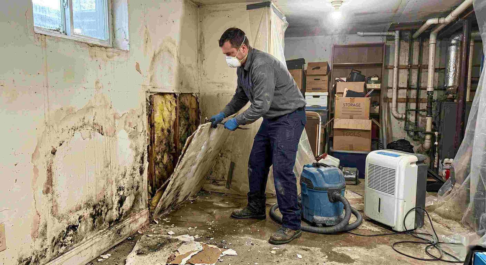 Action shot of a mold remediation technician removing damaged drywall and treating mold in a home basement in Charleston, showing realistic textures, dust, and water damage.