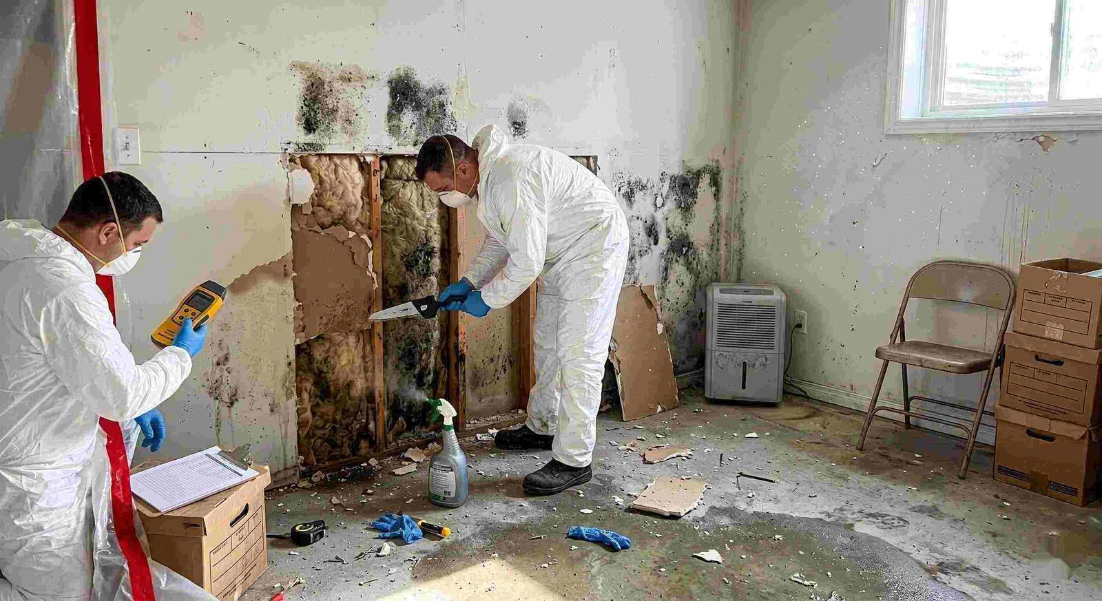 Professional mold removal service in a residential home, showing technicians removing black mold and moisture-damaged drywall in Charleston.