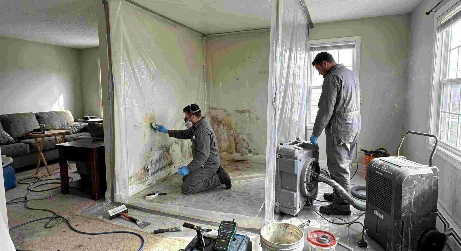 Technicians performing indoor mold removal in a residential home in Charleston, isolating damp areas and using HEPA air scrubbers and dehumidifiers.