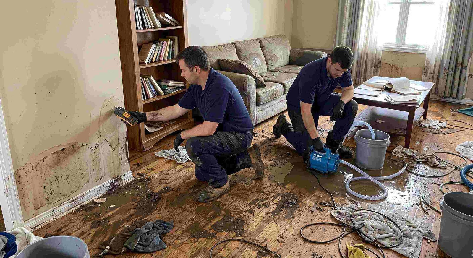 Realistic photo of a technician performing mud and debris removal after flooding in a home in Charleston, showing soaked floors, water-damaged furniture, and scattered cleaning equipment.