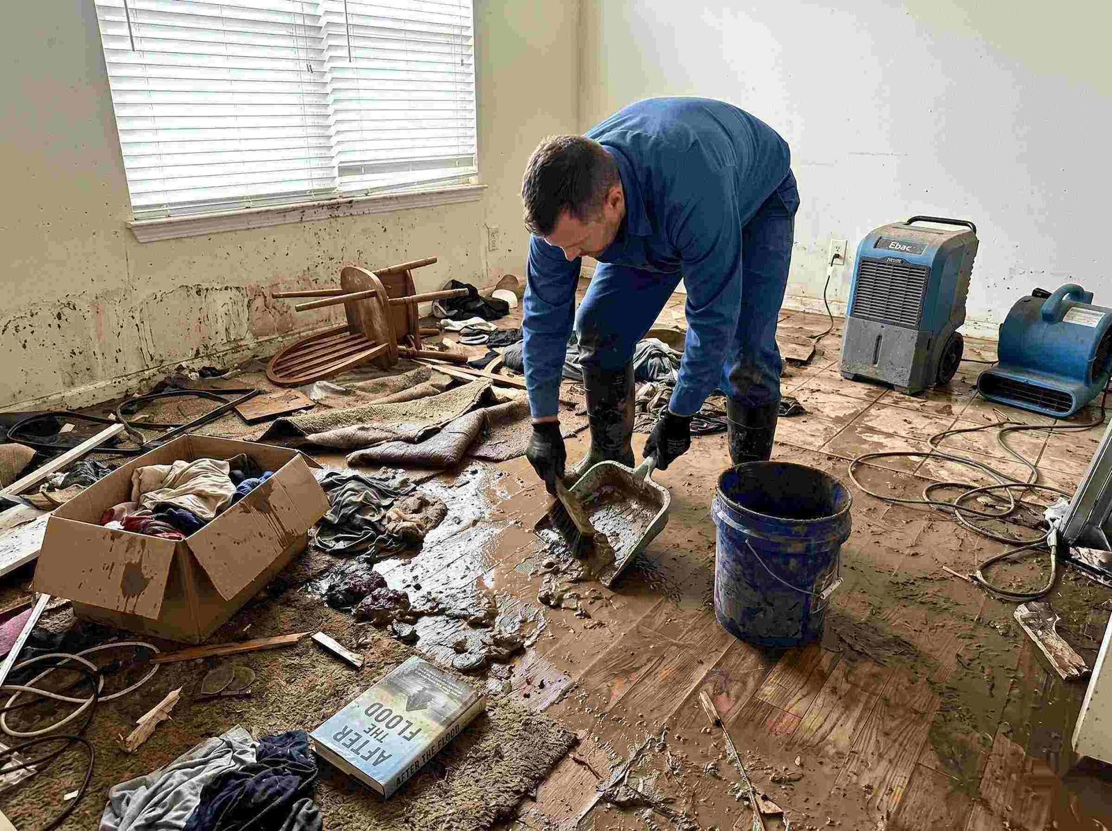 Realistic photo of a technician performing mud and debris removal after a home flood in Charleston, showing soaked furniture, wet flooring, and scattered debris during post-flood cleanup.
