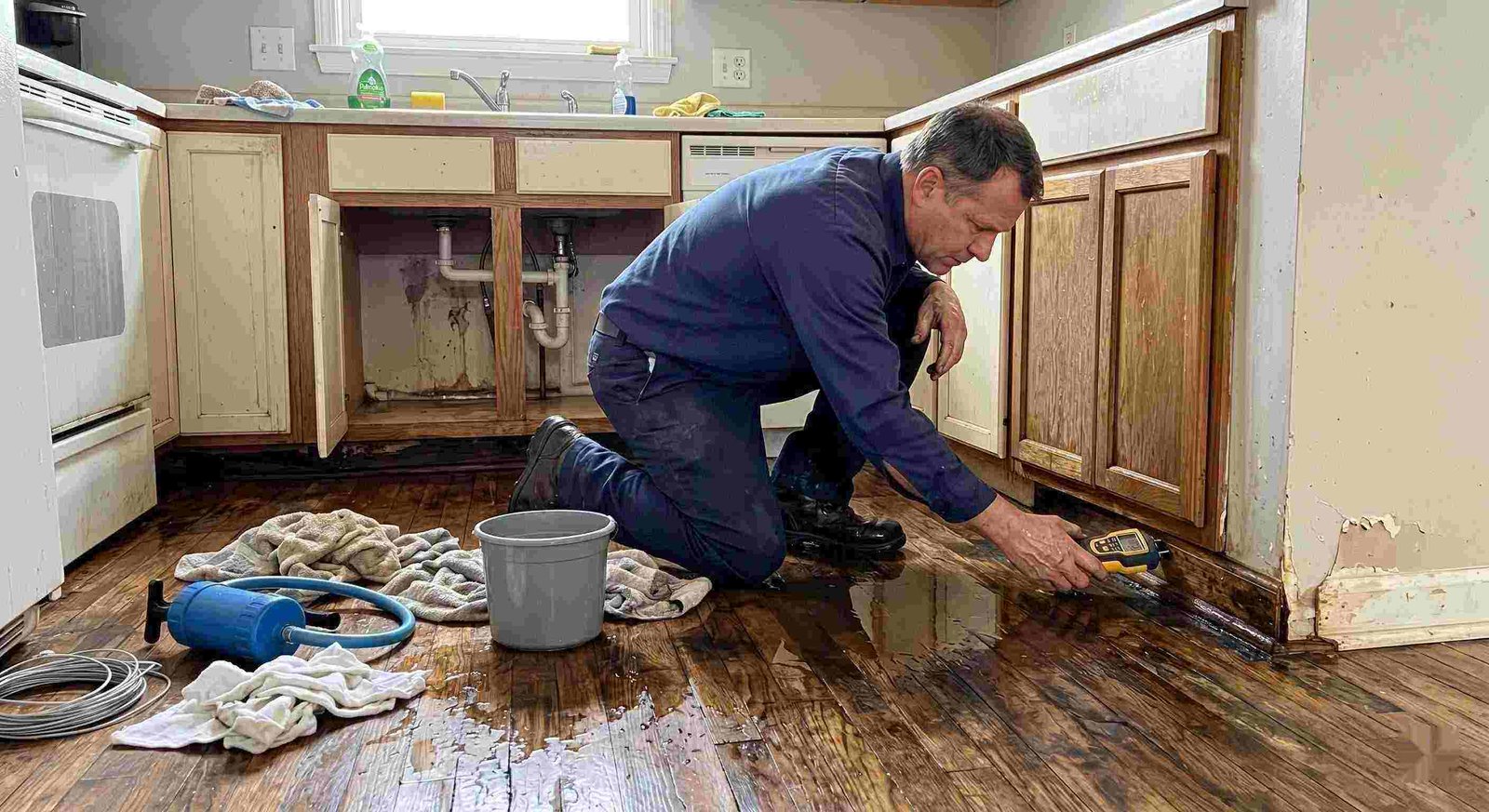 Technician performing pipe leak cleanup in a residential home in Charleston, inspecting water-damaged flooring and cabinets.