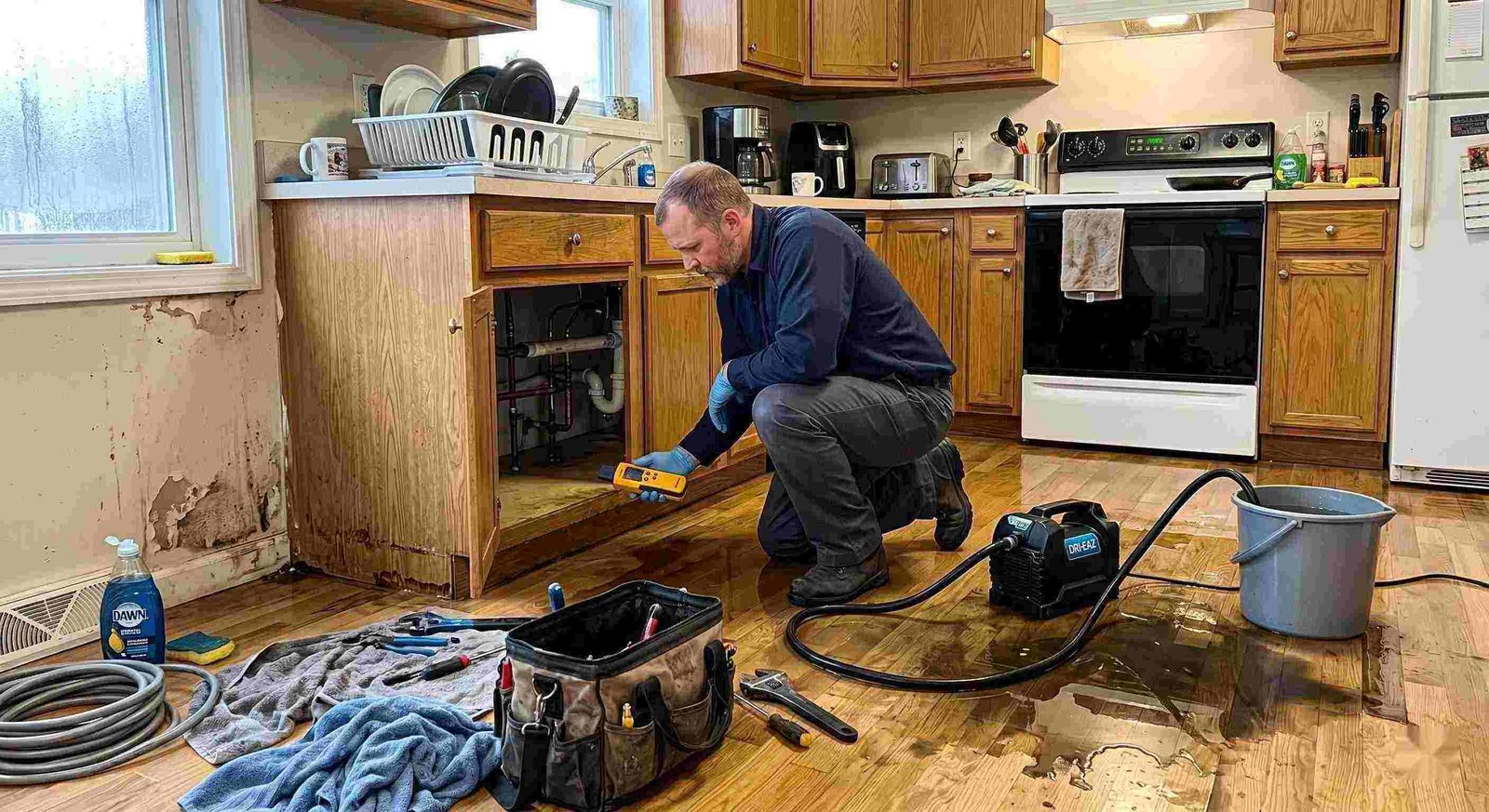 Pipe leak cleanup service in a residential kitchen showing water damage and a technician actively restoring the area in Charleston.