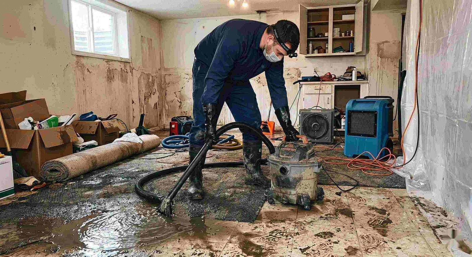 Action shot of a technician performing sewage backup cleanup in a residential home, showing water extraction and sanitation processes in Charleston.