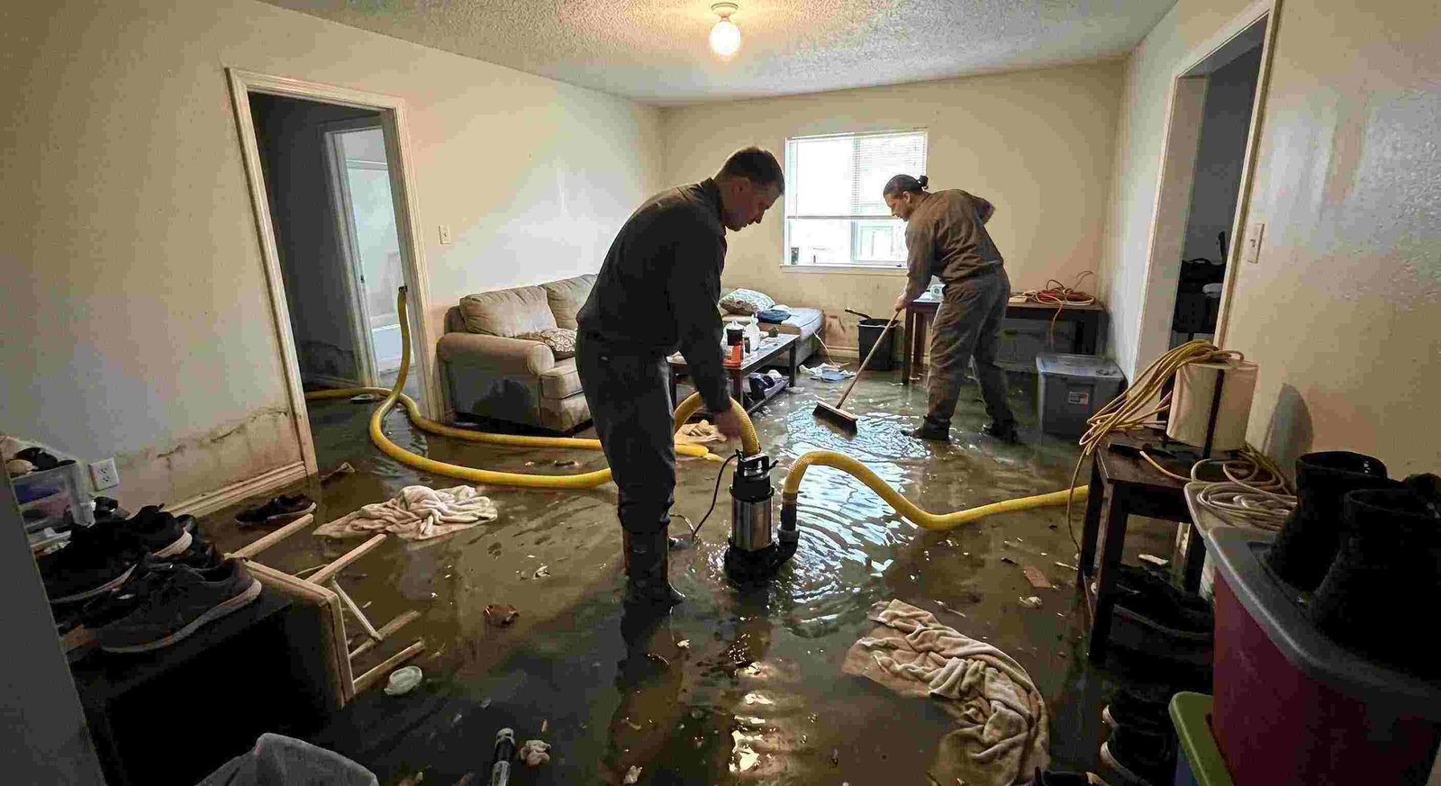 High volume residential pump-out services removing flood water with submersible pumps in Charleston