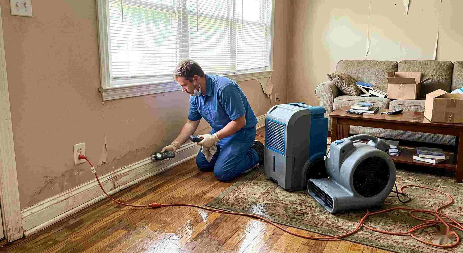 Technician performing rainwater intrusion cleanup in a flooded home in Charleston, showing wet floors, damp walls, and dehumidifiers in use.