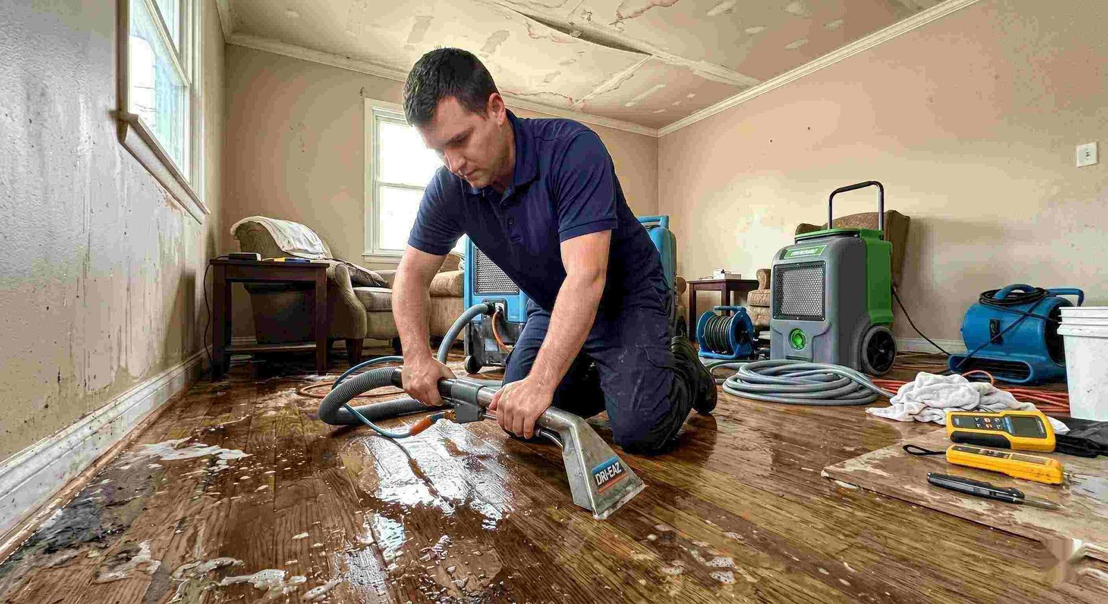 Action shot of a leak damage restoration technician performing water extraction and drying in a home in Charleston, showing realistic water damage and cleanup process.