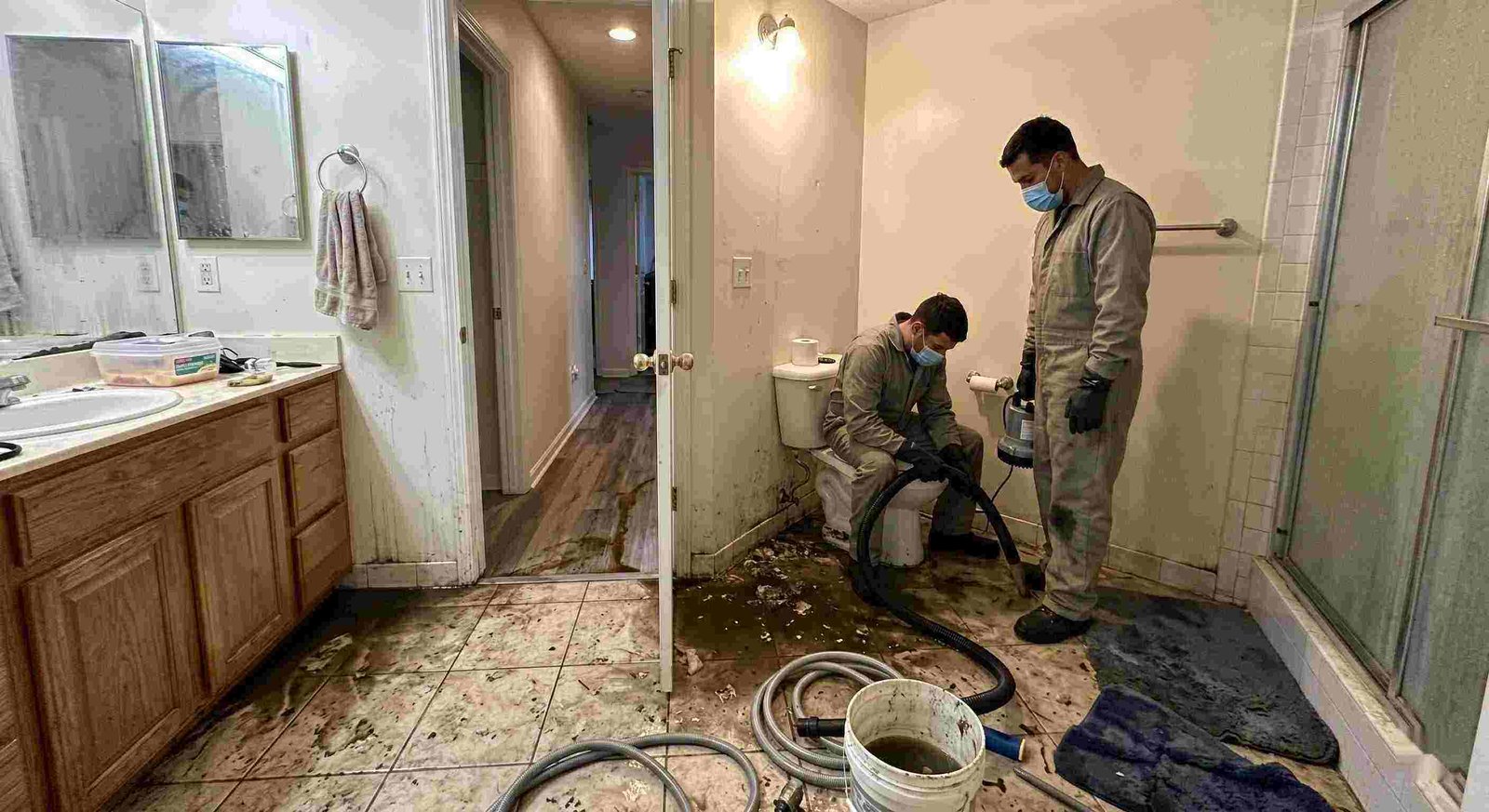 Septic tank backup cleanup in Charleston bathroom with technicians removing contaminated water and sanitizing affected areas