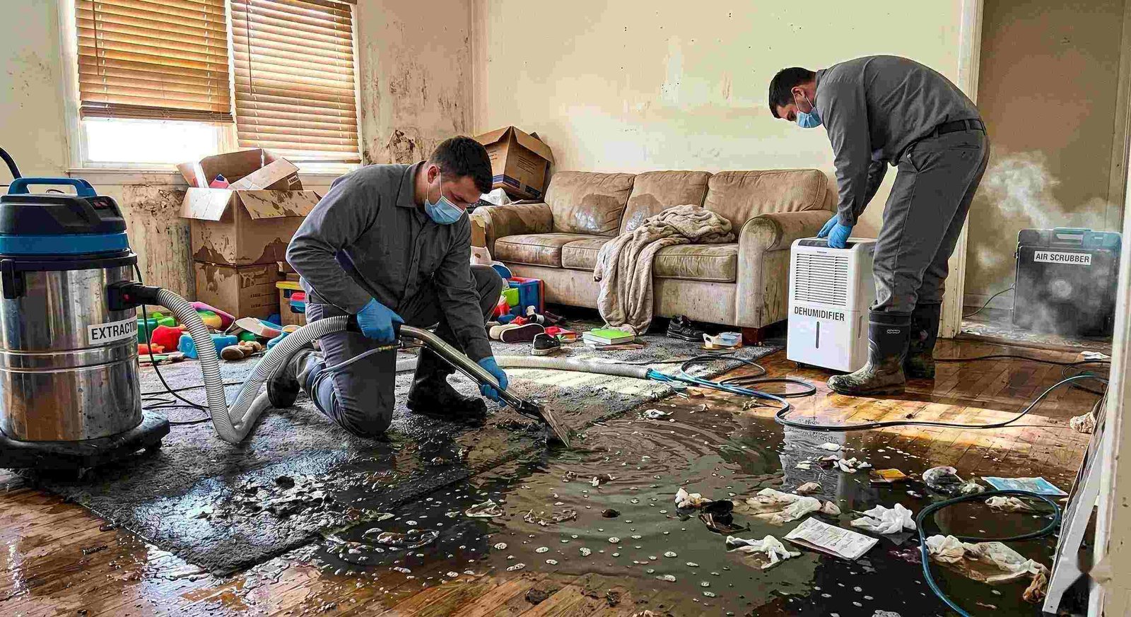 Realistic image of a residential sewage backup cleanup in progress, with technicians removing contaminated water and using drying equipment in a home in Charleston.