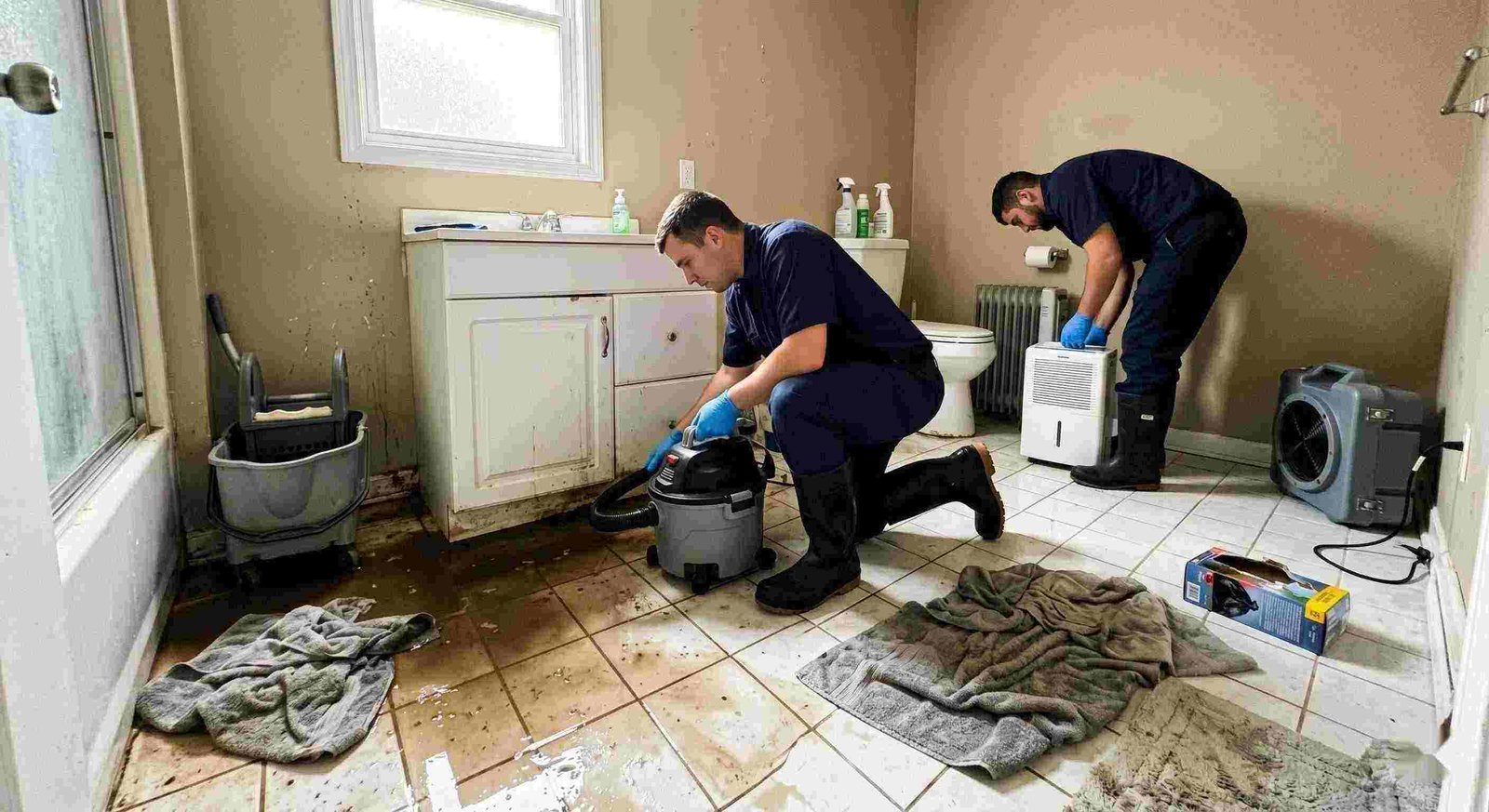 Realistic sewage backup cleanup in a home bathroom, technician extracting contaminated water during emergency sewage cleanup in Charleston