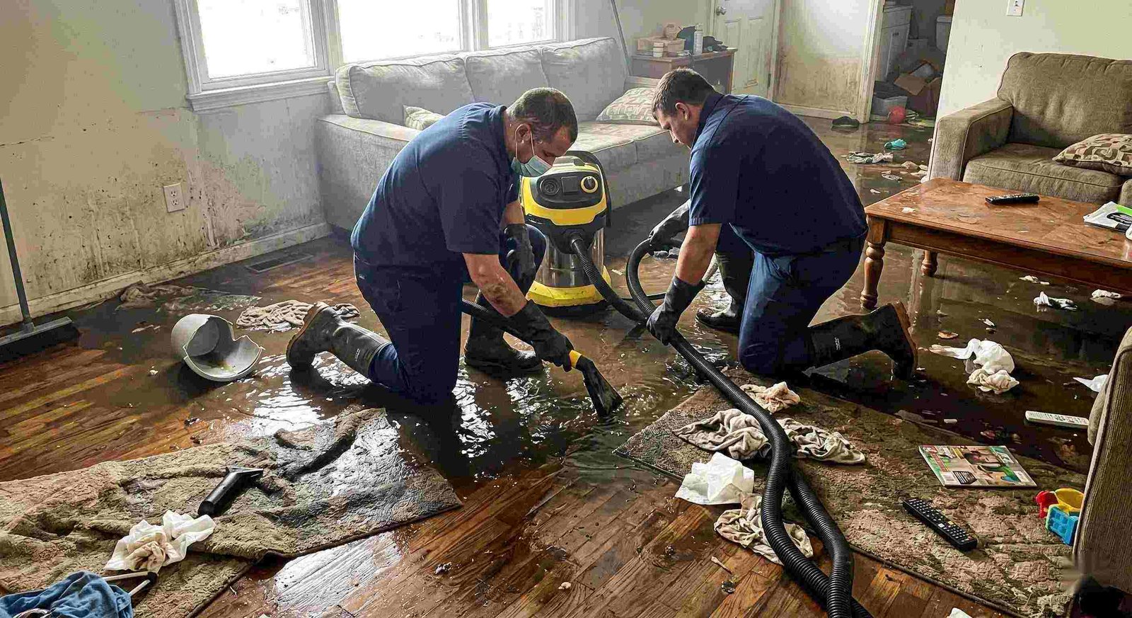 Realistic scene of sewage backup cleanup in a home showing technicians removing contaminated water in Charleston.