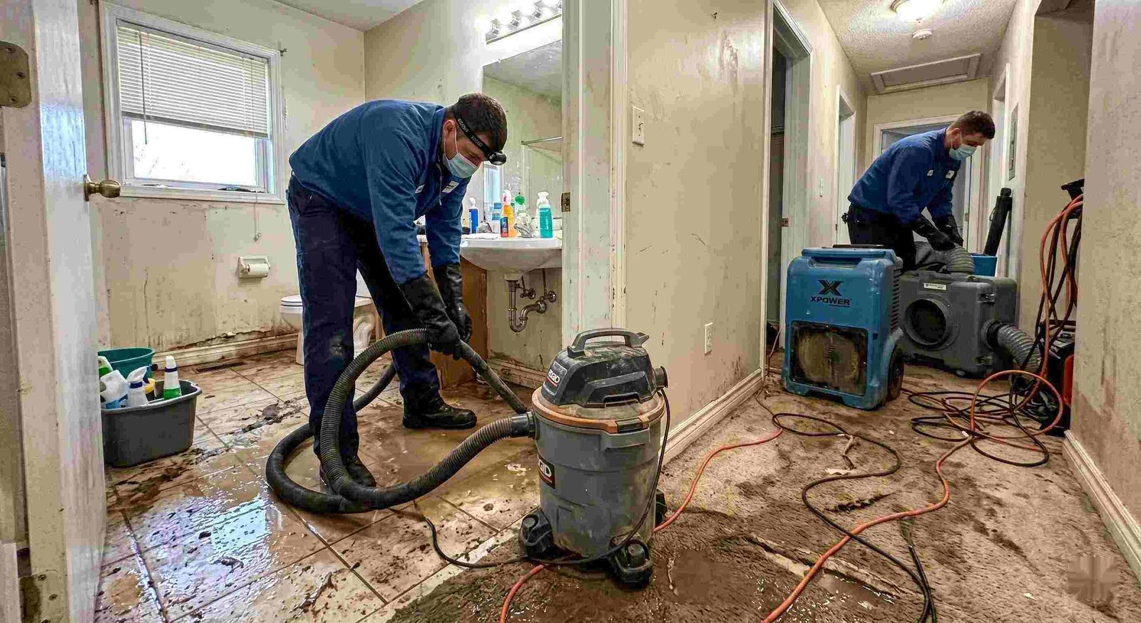 Sewage backup cleanup in a home with technicians removing contaminated water and drying surfaces in Charleston