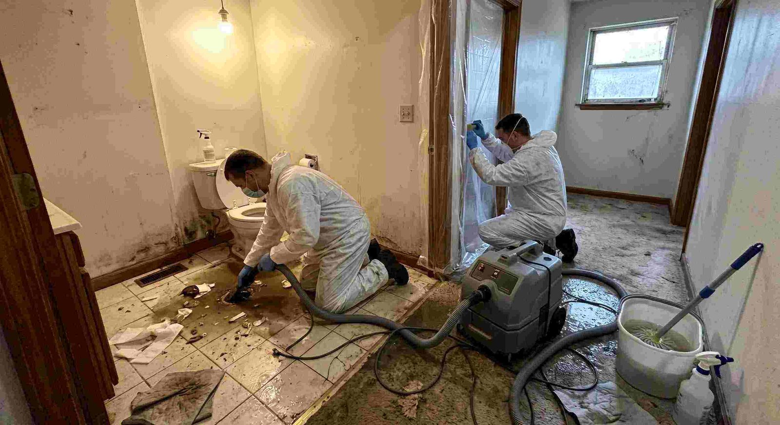 Reliable sewage backup cleanup technicians removing contaminated water inside home in Georgetown