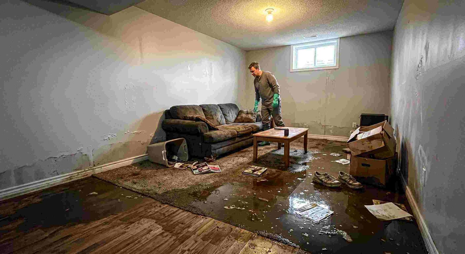 severe sewage backup damage spreading across basement floors and walls in Charleston home